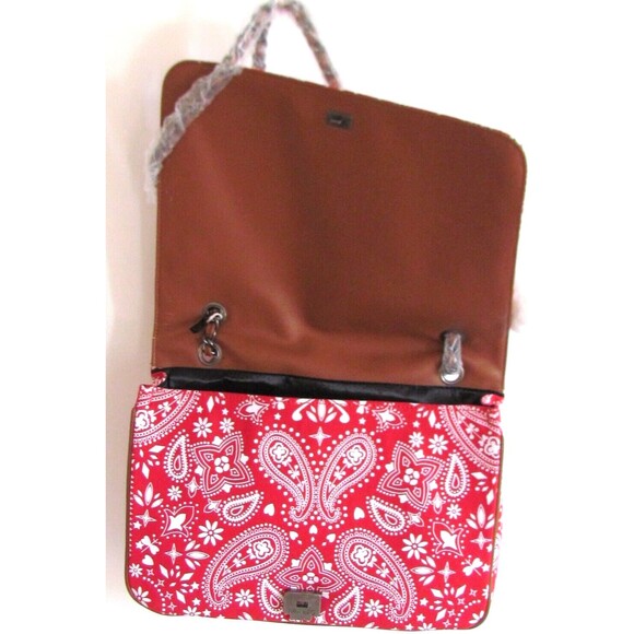 DESIGNER MIA BAG RED & WHITE BANDANA PRINT WHITE POM-POM  DESIGNER MIA BAG RED & WHITE BANDANA PRINT WHITE POM-POM CHARM CHAIN BAG